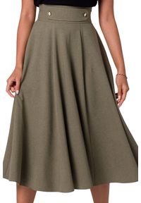 BeWear - Rozkloszowana spódnica z wysokim stanem i kieszeniami khaki. Stan: podwyższony. Kolor: brązowy. Styl: elegancki #3