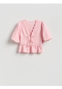 Reserved - Bluzka z lnem - pastelowy róż. Kolor: różowy. Materiał: len