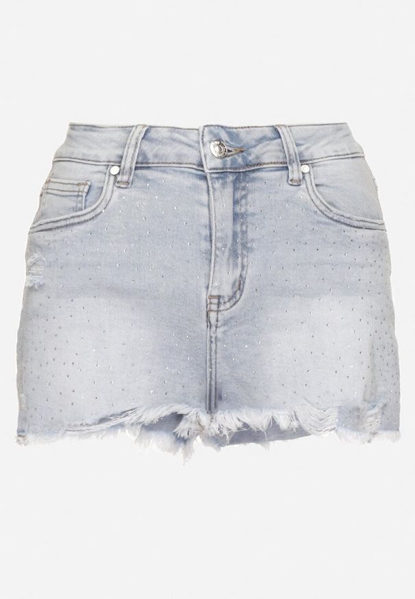 Born2be - Jasnoniebieskie Szorty Jeansowe z Wysokim Stanem Zdobione Przetarciami i Cyrkoniami Galinora. Okazja: na co dzień. Stan: podwyższony. Kolor: niebieski. Materiał: jeans. Wzór: aplikacja. Styl: elegancki, casual