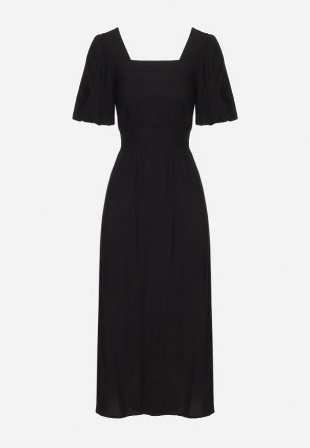 Born2be - Czarna Rozkloszowana Sukienka z Wiskozy z Wycięciem i Wiązaniem na Plecach Dimicia. Typ kołnierza: dekolt kwadratowy. Kolor: czarny. Materiał: wiskoza. Długość rękawa: krótki rękaw. Typ sukienki: rozkloszowane. Styl: elegancki