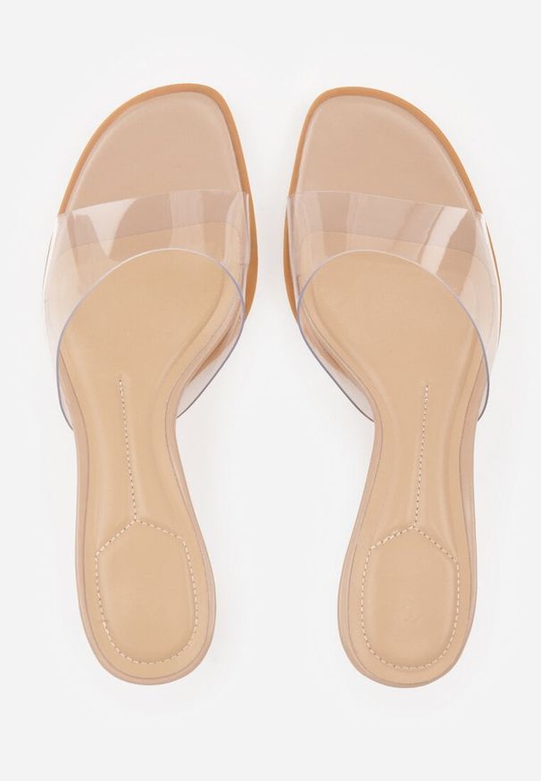 Renee - Ciemnobeżowe Transparentne Klapki na Kaczuszce Helymna. Okazja: na co dzień. Kolor: beżowy. Materiał: jeans, skóra, koronka. Obcas: na szpilce. Styl: casual