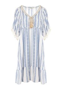 Born2be - Niebieska Sukienka Sophoreia. Kolor: niebieski. Długość rękawa: krótki rękaw. Wzór: aplikacja, paski. Typ sukienki: rozkloszowane. Styl: boho