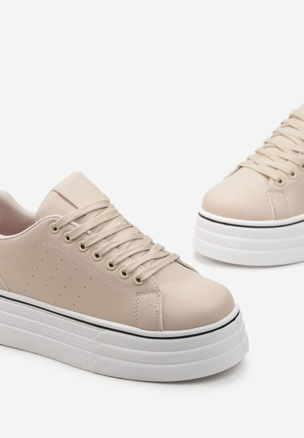 Renee - Beżowe Sznurowane Sneakersy na Platformie z Ekoskóry z Przeszyciami Onurte. Kolor: beżowy. Obcas: na platformie