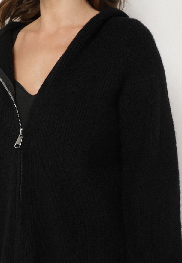 Born2be - Czarny Komplet z Wełną i Bawełną Szerokie Spodnie i Rozpinana Bluzka z Kapturem Reikania. Kolor: czarny. Materiał: wełna, bawełna