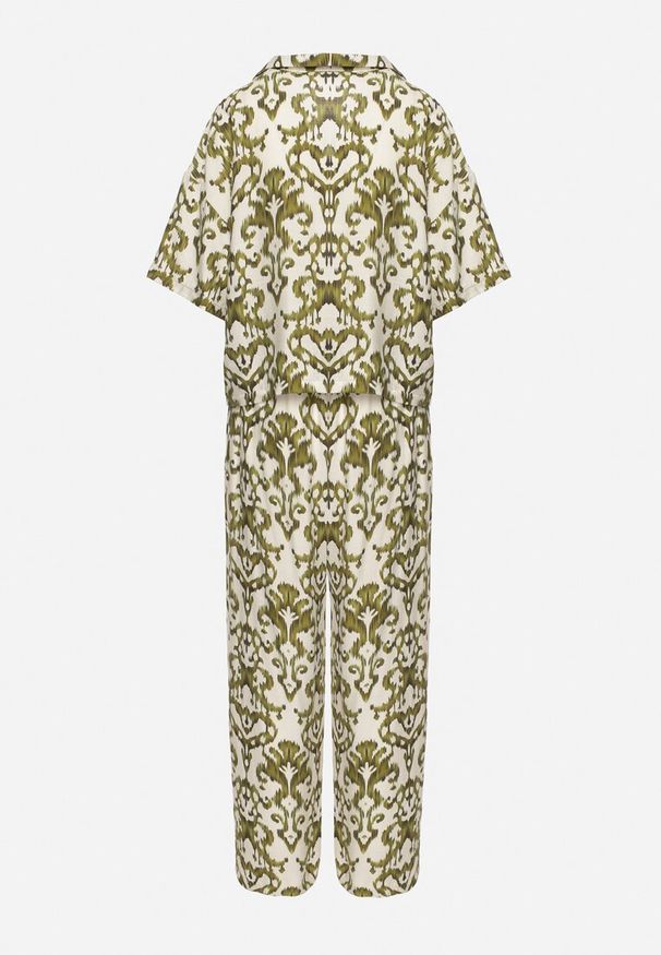 Born2be - Ciemnozielony Komplet z Wiskozy w Ornamentalny Wzór Koszula i Spodnie Evialirae. Kolor: zielony. Materiał: wiskoza