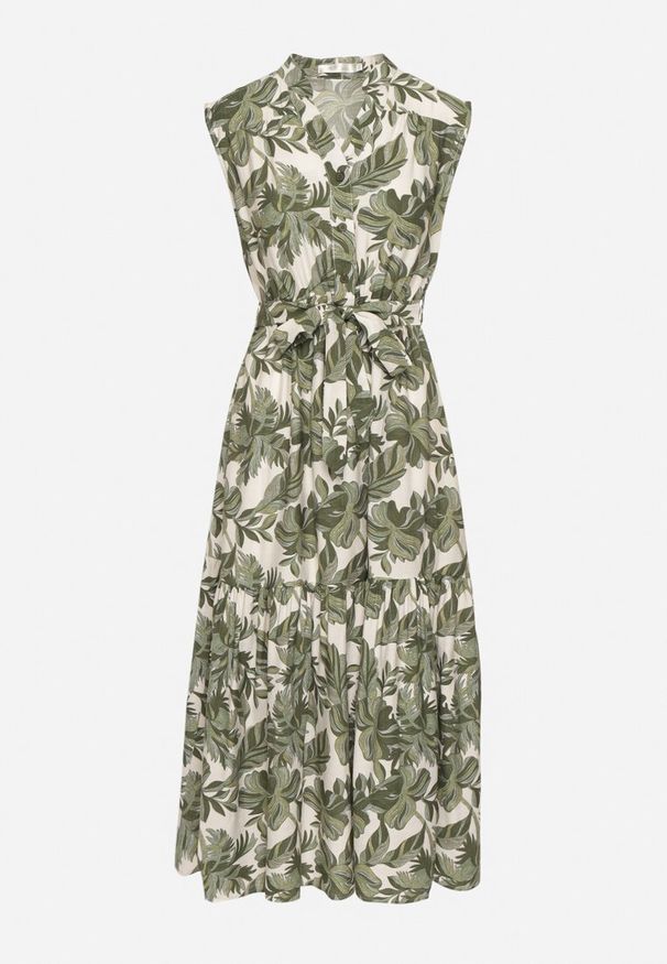 Born2be - Zielona Rozkloszowana Sukienka Bez Rękawów z Wiskozy z Wiązanym Paskiem Reviosae. Okazja: na co dzień. Typ kołnierza: dekolt w serek. Kolor: zielony. Materiał: wiskoza. Długość rękawa: bez rękawów. Typ sukienki: rozkloszowane. Styl: klasyczny, casual