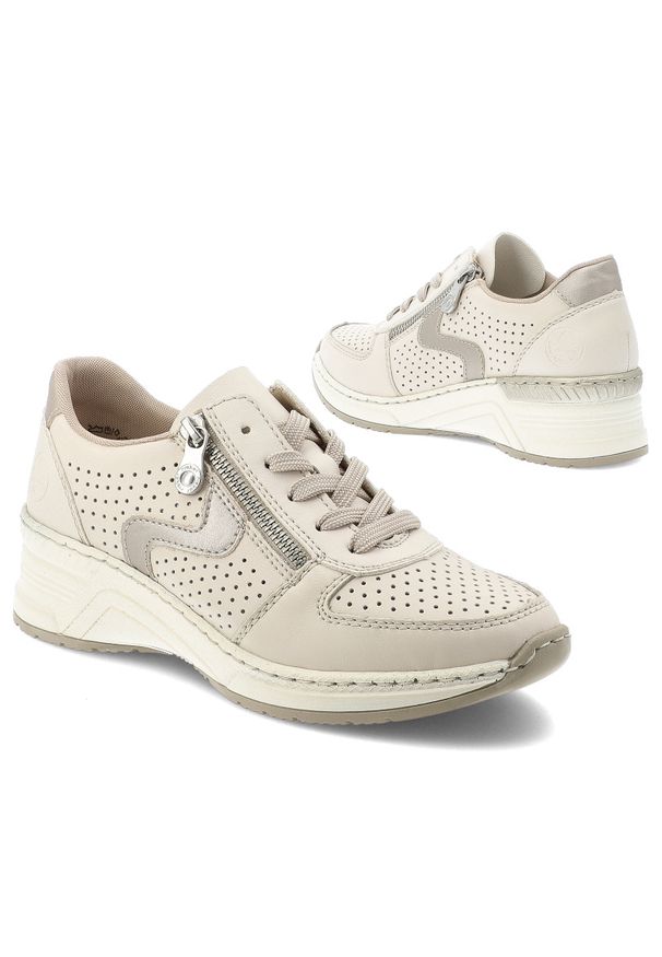 Sneakersy damskie Rieker, cholewka perforowana sznurowanie zamek z boku wzmocniony nosek niski profil kontrastowe wstawki miękka wyściółka stabilna k. Okazja: na co dzień, na spacer. Zapięcie: sznurówki. Kolor: beżowy. Materiał: jeans. Szerokość cholewki: normalna. Styl: casual, sportowy, elegancki