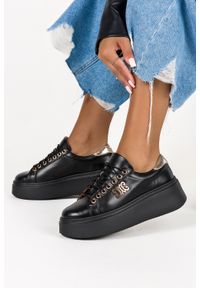 Casu - Czarne sneakersy skórzane damskie na platformie z ozdobą sznurowane produkt polski casu ds-739. Kolor: wielokolorowy, czarny, złoty. Materiał: skóra. Szerokość cholewki: normalna. Wzór: aplikacja. Obcas: na platformie #2
