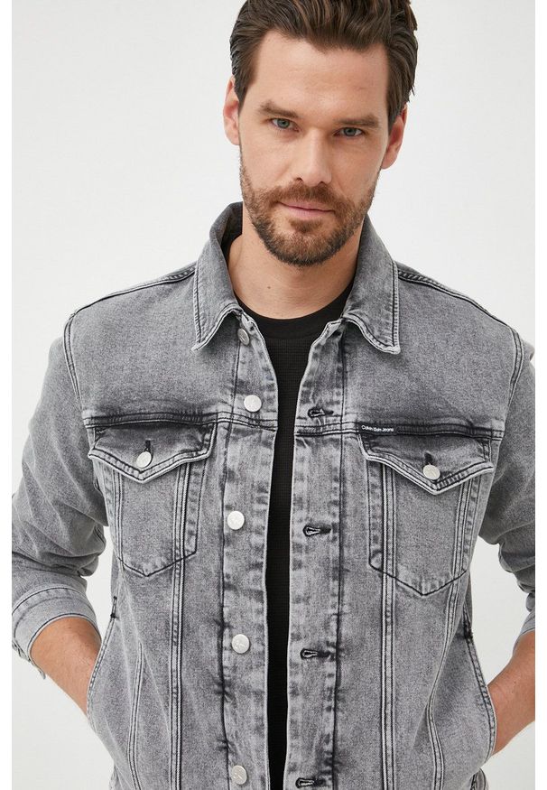 Calvin Klein Jeans kurtka jeansowa męska kolor szary przejściowa. Kolor: szary. Materiał: bawełna