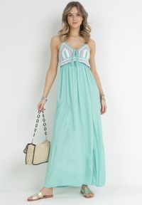 Born2be - Miętowa Sukienka Wing In. Kolor: miętowy. Materiał: bawełna. Długość rękawa: na ramiączkach. Wzór: aplikacja. Sezon: lato. Długość: maxi #3
