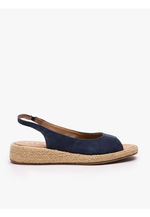 Ryłko - Granatowe wsuwane sandały. Nosek buta: okrągły. Zapięcie: bez zapięcia. Kolor: niebieski. Materiał: skóra, welur. Sezon: lato. Obcas: na koturnie. Styl: street, elegancki, klasyczny, wakacyjny