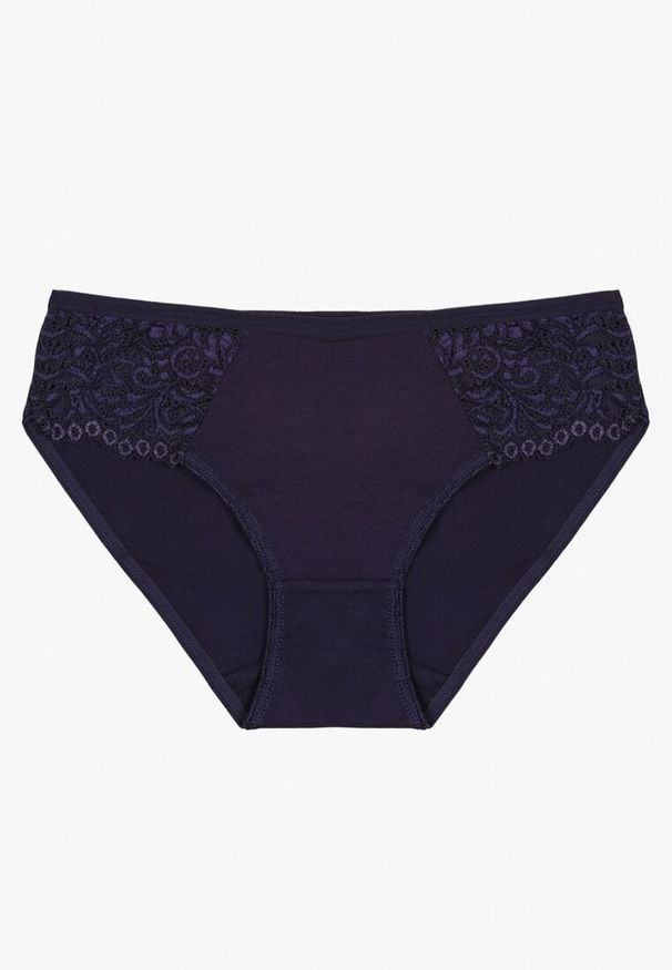 Renee - Granatowe Bawełniane Majtki Figi o Klasycznym Fasonie Venalice. Kolor: niebieski. Materiał: bawełna. Wzór: aplikacja