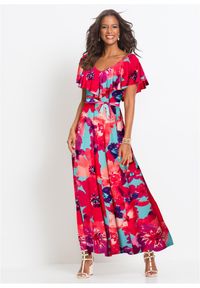 bonprix - Długa sukienka z falbaną i paskiem. Kolor: niebieski. Materiał: jersey. Długość: maxi #1