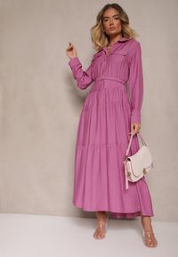 Renee - Fioletowa Rozkloszowana Sukienka z Wiskozy z Guzikami i Paskiem Ronesa. Okazja: na co dzień. Kolor: fioletowy. Materiał: wiskoza. Typ sukienki: proste. Styl: elegancki, casual