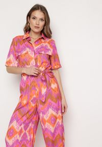 Born2be - Fioletowo-Pomarańczowy Długi Kombinezon Koszulowy z Wiązanym Paskiem i Gumką w Talii Tariony. Kolor: fioletowy. Długość: długie #5