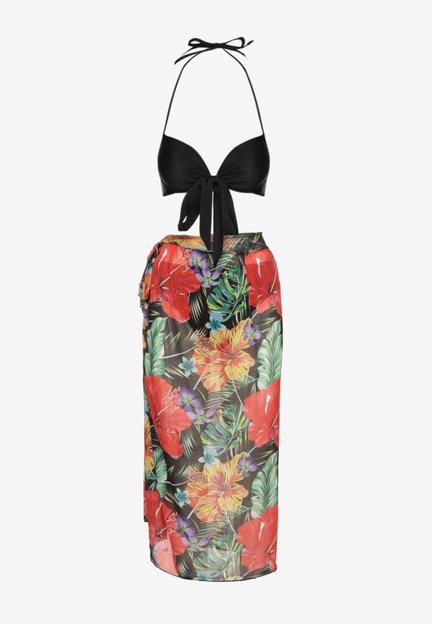 Born2be - Czarne Bikini Wiązany Biustonosz Majtki Typu Figi Pareo w Kwiaty Folava. Kolor: czarny. Wzór: kwiaty