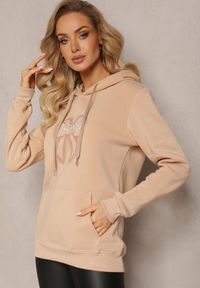 Renee - Beżowa Bluza Wykończona Polarem z Nadrukiem i Kapturem Nimba. Kolor: beżowy. Materiał: polar. Wzór: nadruk #3