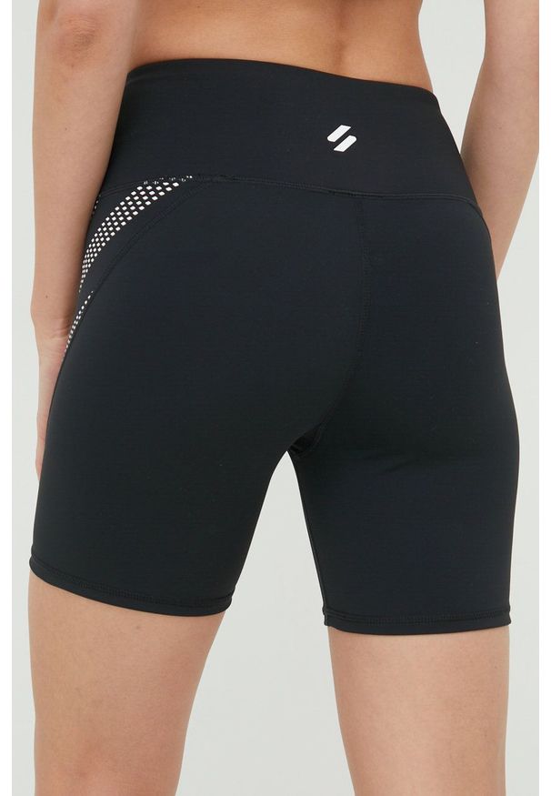 Superdry szorty damskie kolor czarny z nadrukiem high waist. Stan: podwyższony. Kolor: czarny. Materiał: skóra, materiał. Wzór: nadruk