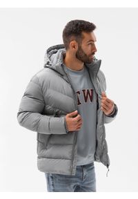 Ombre Clothing - Kurtka męska zimowa C519 - szara - XXL. Kolor: szary. Materiał: puch, poliester. Wzór: jednolity, geometria. Sezon: zima. Styl: klasyczny #6