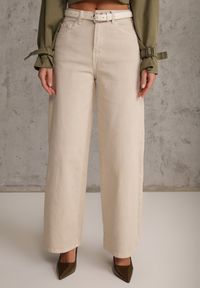 Renee - Beżowe Szerokie Jeansy Bawełniane High Waist Fyrlyss. Okazja: na co dzień. Stan: podwyższony. Kolor: beżowy. Styl: casual, elegancki #2