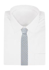Krawat Męski - Beżowy w Niebieskie Groszki - Alties. Kolor: brązowy, beżowy, wielokolorowy. Materiał: tkanina. Wzór: grochy. Styl: wizytowy, elegancki #5