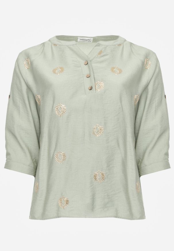 Born2be - Zielona Wiskozowa Koszula Boho z Haftem i Podpinanymi Rękawami 3/4 Cheridenah. Okazja: na co dzień. Kolekcja: plus size. Kolor: zielony. Materiał: wiskoza. Wzór: haft. Styl: boho