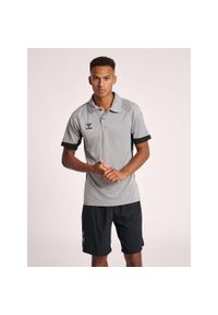 Polo Hummel Lead Functional. Typ kołnierza: polo. Kolor: szary. Materiał: tkanina, dzianina, prążkowany. Wzór: aplikacja, nadruk. Styl: elegancki