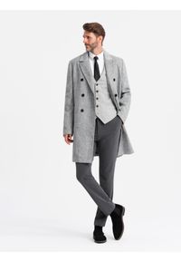 Ombre Clothing - Elegancki dwurzędowy męski płaszcz w jodełkę – szary V1 - Rozmiar: L. Kolor: szary. Materiał: tkanina, poliester, dzianina, materiał. Wzór: jodełka. Styl: elegancki #1