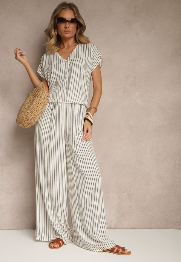 Renee - Biało-Niebieskie Szerokie Spodnie High Waist w Paski z Bawełny Silorea. Okazja: na co dzień. Stan: podwyższony. Kolor: biały. Materiał: bawełna. Wzór: paski. Styl: elegancki, casual
