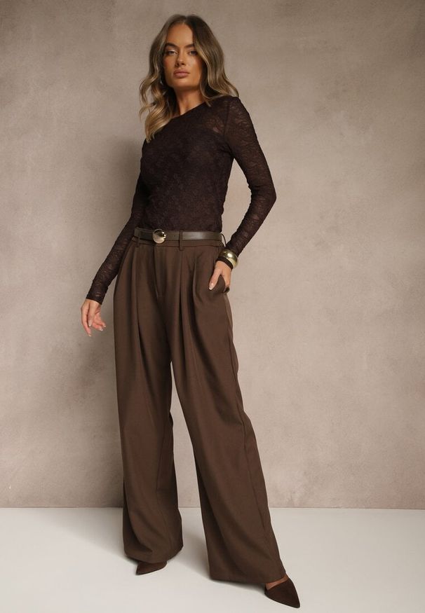 Renee - Brązowe Garniturowe Spodnie Wide Leg z Paskiem z Klamrą Muszelką Setre. Okazja: na spotkanie biznesowe. Stan: podwyższony. Kolor: brązowy. Materiał: koronka. Styl: biznesowy