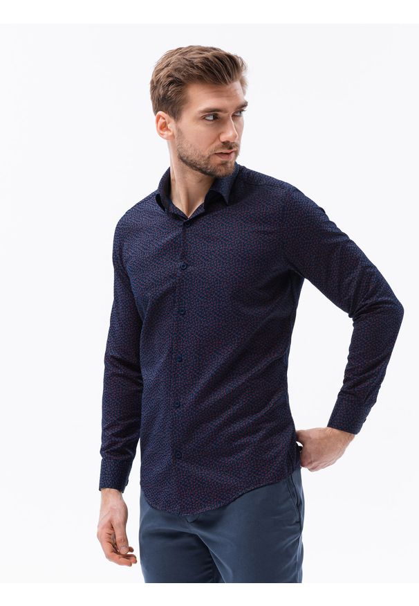 Ombre Clothing - Koszula męska we wzór paisley REGULAR FIT - granatowo-czerwona - Rozmiar: XXL. Okazja: na co dzień. Kolor: niebieski. Materiał: poliester, bawełna. Długość rękawa: długi rękaw. Długość: długie. Wzór: paisley. Styl: casual, klasyczny