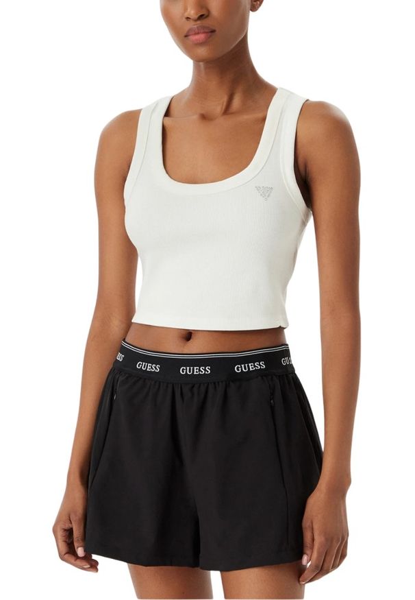 Guess - GUESS Biały krótki damski tank top Silvy Rib, Rozmiar L. Okazja: na co dzień. Kolor: biały. Materiał: materiał, prążkowany. Długość: krótkie. Sezon: lato. Styl: elegancki, casual