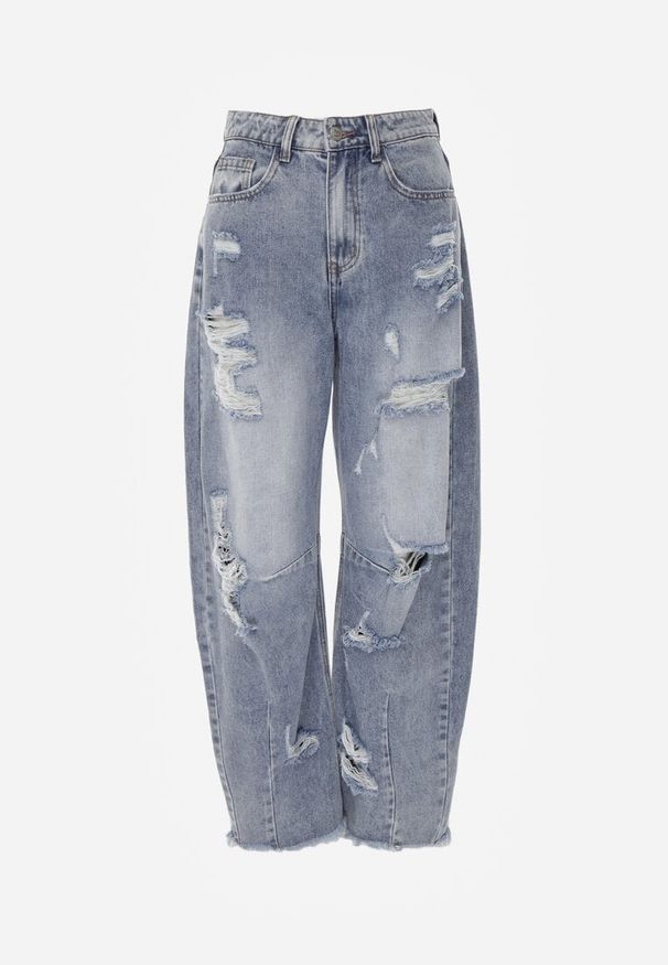 Renee - Niebieskie Jeansy z Bawełny Balloon High Waist z Przedarciami Taeryre. Okazja: na co dzień, na imprezę. Stan: podwyższony. Kolor: niebieski. Styl: casual