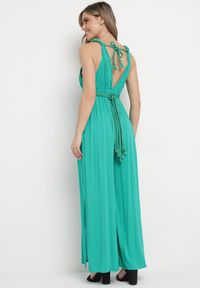 Born2be - Zielony Wiskozowy Kombinezon z Gumką w Pasie i Plecionym Sznurkiem z Lnem Evalin. Kolor: zielony. Materiał: wiskoza, len. Długość rękawa: na ramiączkach. Wzór: aplikacja #2