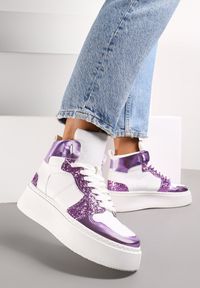 Renee - Biało-Fioletowe Sznurowane Sneakersy za Kostkę z Brokatem i Metalicznymi Wstawkami Sareena. Wysokość cholewki: za kostkę. Kolor: biały #5