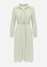 Born2be - Zielona Sukienka Plisowana o Koszulowym Kroju z Paskiem z Klamrą Efronta. Okazja: na co dzień. Typ kołnierza: kołnierzyk klasyczny. Kolor: zielony. Materiał: jeans. Długość rękawa: długi rękaw. Wzór: aplikacja. Typ sukienki: koszulowe. Styl: casual, elegancki, klasyczny #6