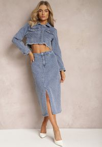 Renee - Granatowa Jeansowa Spódnica Ołówkowa z Rozcięciem z Przodu Aperuna. Kolor: niebieski. Materiał: jeans #1
