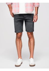 Ombre Clothing - Szorty męskie denimowe o klasycznym kroju – czarne V4 - Rozmiar: L. Kolor: czarny. Materiał: jeans, bawełna, elastan, skóra. Wzór: aplikacja. Sezon: lato. Styl: klasyczny #1