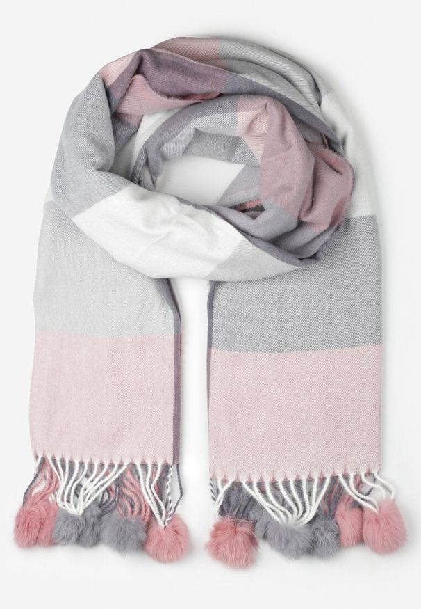 Born2be - Różowy Prostokątny Szalik z Kolorowymi Pomponami Komo. Kolor: różowy. Materiał: wiskoza, bawełna. Wzór: kolorowy