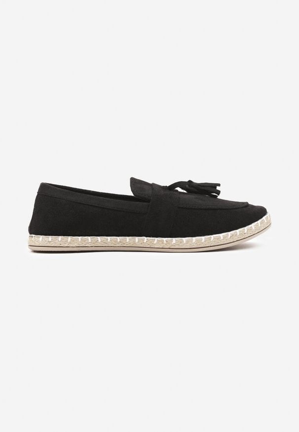 Renee - Czarne Espadryle Ozdobione Frędzlami na Nosku Wanelis. Kolor: czarny. Materiał: jeans. Wzór: aplikacja. Styl: klasyczny