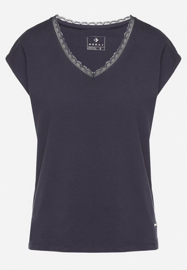 Born2be - Granatowy Bawełniany T-shirt z Koronką przy Dekolcie Ralettia. Okazja: na co dzień. Kolor: niebieski. Materiał: bawełna, koronka. Wzór: koronka. Styl: casual