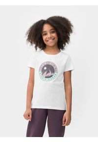 4F JUNIOR - T-shirt z nadrukiem dziewczęcy. Kolor: biały. Materiał: bawełna. Wzór: nadruk