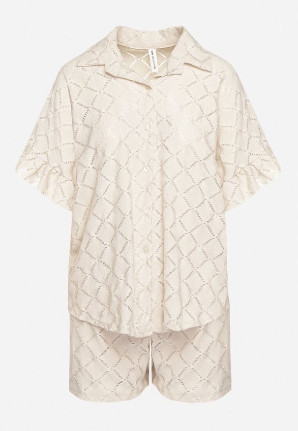 Born2be - Jasnobeżowy Komplet Koszula i Krótkie Spodenki Edefia. Kolor: beżowy. Materiał: zamsz. Wzór: aplikacja