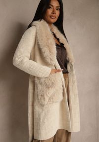 Renee - Beżowy Płaszcz z Wiskozą o Eleganckim Kroju z Futerkiem i Wiązaniem w Talii Lanirea. Okazja: na co dzień. Kolor: beżowy. Materiał: wiskoza, futro. Styl: elegancki #4