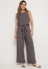 Born2be - Ciemnoszare Szerokie Spodnie z Wiskozą Wiązane w Pasie Zilenna. Okazja: na co dzień. Kolor: szary. Materiał: wiskoza. Styl: klasyczny, elegancki, casual #6