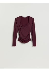 Reserved - Drapowana bluzka - ciemnofioletowy. Kolor: fioletowy. Materiał: dzianina #1