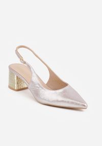 Renee - Szampańskie Czółenka Slingback VICES na Tłoczonym Słupku z Metalicznym Połyskiem Jenesa. Zapięcie: pasek. Kolor: złoty. Szerokość cholewki: normalna. Obcas: na słupku #5