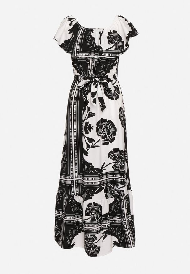 Born2be - Czarno-Biała Sukienka Typu Hiszpanka z Gumką w Pasie i Materiałowym Paskiem Ozdobiona Falbanką Woneri. Typ kołnierza: dekolt hiszpanka. Kolor: czarny. Materiał: materiał. Wzór: aplikacja