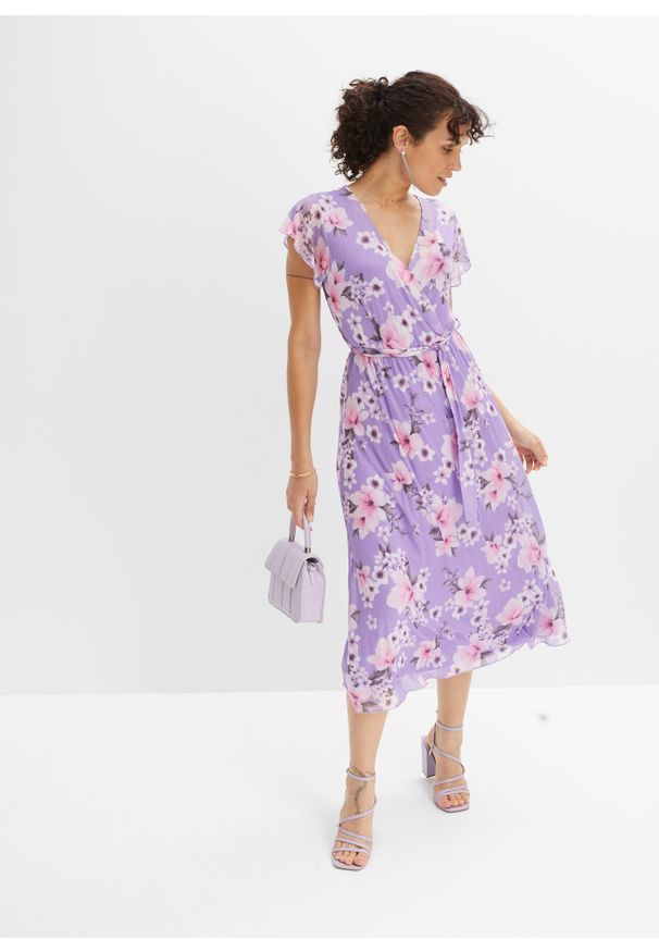 bonprix - Sukienka midi z siatkowego materiału z nadrukiem. Kolor: fioletowy. Materiał: materiał. Wzór: nadruk. Długość: midi