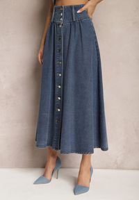 Renee - Granatowa Jeansowa Spódnica Maxi z Guzikami z Bawełny Rachellia. Kolor: niebieski. Materiał: bawełna, jeans